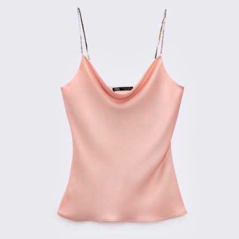 ZARA PINK SATIN COWL NECK CAMI TOP WITH RHINESTONE STRAPS